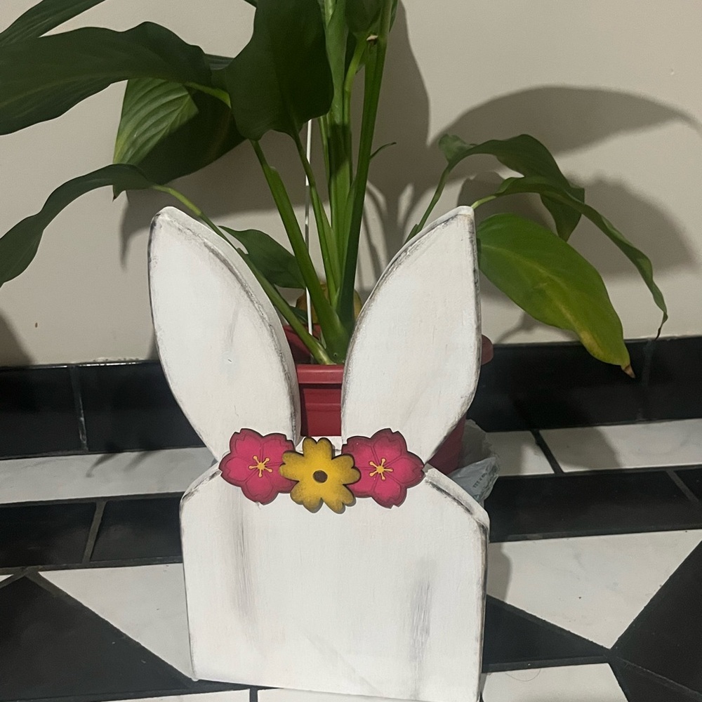 White Bunny Ears planter/easter basket Decor with Floral Accent